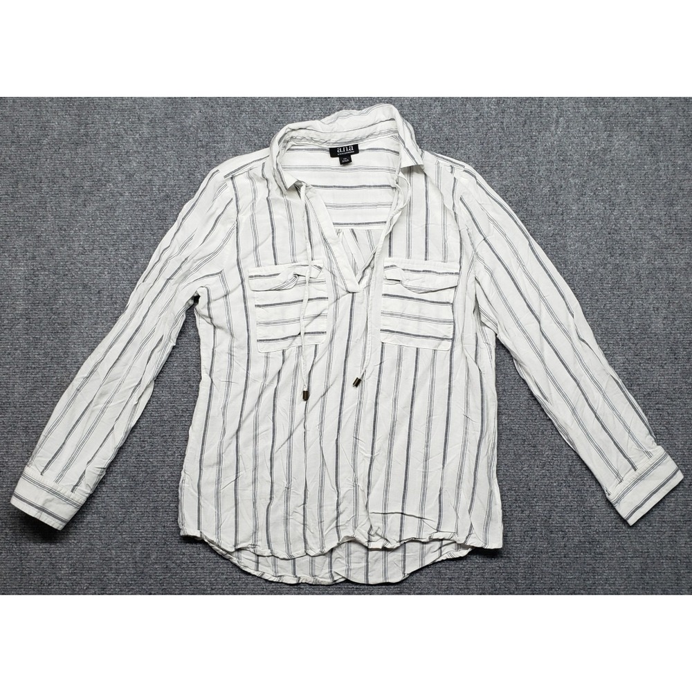 a.n.a. Blouse Womens S Striped Long Sleeve Top Drawstring Collared Casual